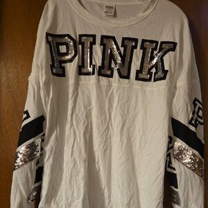 PINK Victoria's Secret White Long-Sleeve Tee with Black Trim & Sequin Logo